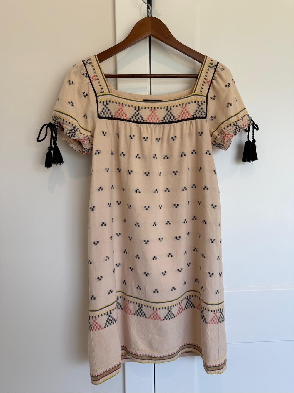 Madewell Beige Embroidered Mini Dress with Tassel Detail
